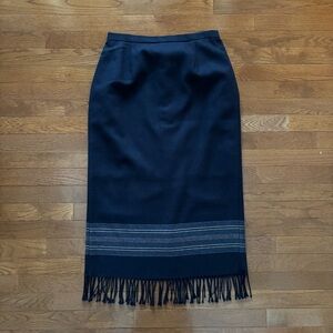Vintage Navy Wool Blend Skirt with Woven Stripes and Fringe Hem Detail